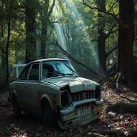 Wrecked car abandoned in the forest