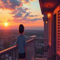 Detailed pixel art%2C high resolution%2C sunset scenery with a young person standing on a balcony%2C warm colors%2C peaceful atmosphere%2C intricate details%2C sharp focus%2C cinematic lighting