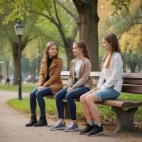 ONE MALE STAND AND ONE GIRL SIT IN BANCH IN PARK