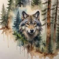Wolf head merging into watercolor pine forest at base of fur