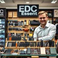 Professional business retail store%2C well-dressed shopkeeper in crisp shirt. Sign reads %27EDC Essentials%27. Display shows tactical pens%2C compact multi-tools%2C mini flashlights%2C folding pocket knives%2C slim wallets%2C keychain tools%2C pocket notebooks. Each EDC item clearly visible and identifiable. Ensure correct spelling on all signage.%22