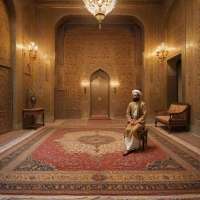 Harun al-Rashid in an Arab palace%2C luxury%2C carpets%2C gold%2C orientalist painting style.